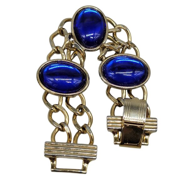 Blue Lucite Station Bracelet Vintage Large Link Gold Tone Size 7 Large Cabachon - Picture 7 of 8